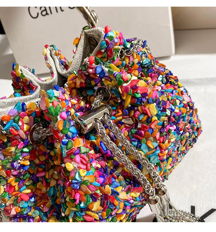 Designer Colorful Stones Evening Clutch Wedding Party Bucket Purse Metal Handle Women Handbag Shoulder Messenger Bag