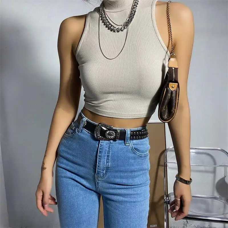 Summer Black Women Fashion Crop Top High Neck White Sveless Tank Tops Streetwear BasicXJ250212