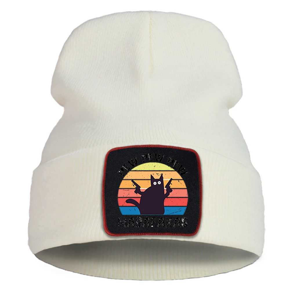 Pew Madafakas Cat Sklies Hat Solid Color Warm Bonnet Cap Casual Hip Hop Beanie Caps Outdoor Cartoon Print Knitted Hats X250212