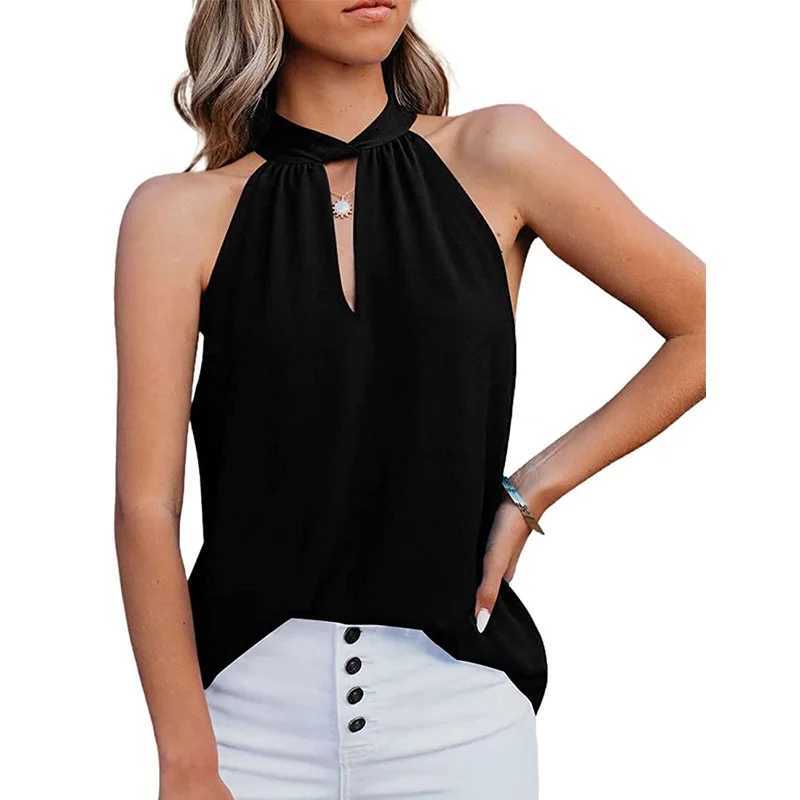 Women Summer Top 2024 New Neck Tied Chiffon Vest Sveless Top Fe Retro Casual Solid Sveless Tops Womens ClothingXJ250212