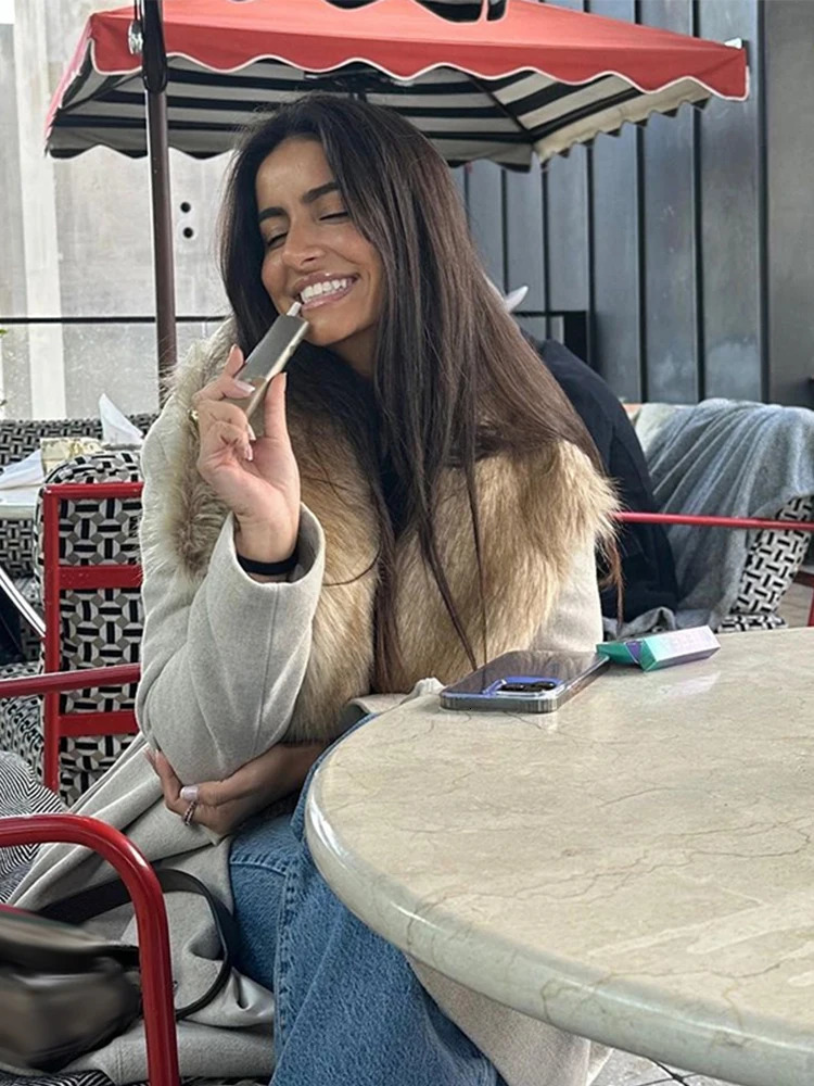 Elegant Fur Lapel Long Coat Women With Belt Woolen Full Sleeve Lace Up Loose Thicken Overcoat 2025 Spring Solid Pocket Outwear 250109Z