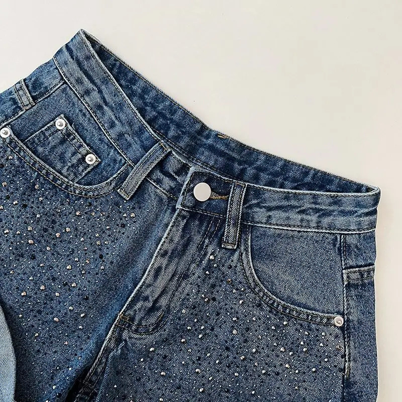 25 Retro Womens Shorts n Diamond High Waist Slim Denim Shorts Curled Wide Leg Pants for Women Ropa De Mujer 250212