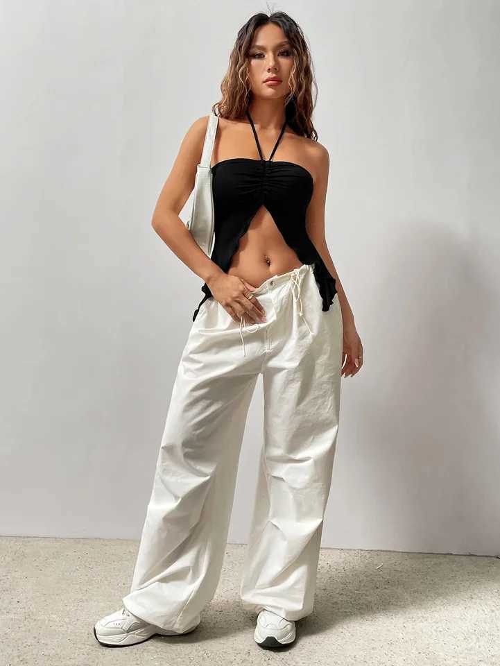 Ruched Front Crop Halter Top Y2K Sexy Split Backless Halter Top For Summer Womens ClothingXJ250212