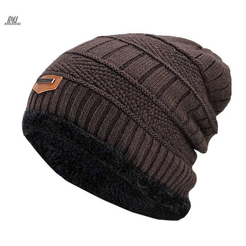Mens Winter Hat Cotton Thicken Warm Beanies Hat Fashion Unisex Knitted Hats X250212