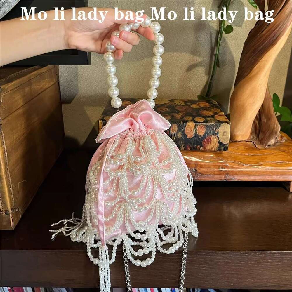 Pearl Beading Tassel Bucket Women's Handbag Beads Beaded Handmade Evening Wedding Party Clutch Purse Shoulder Bag