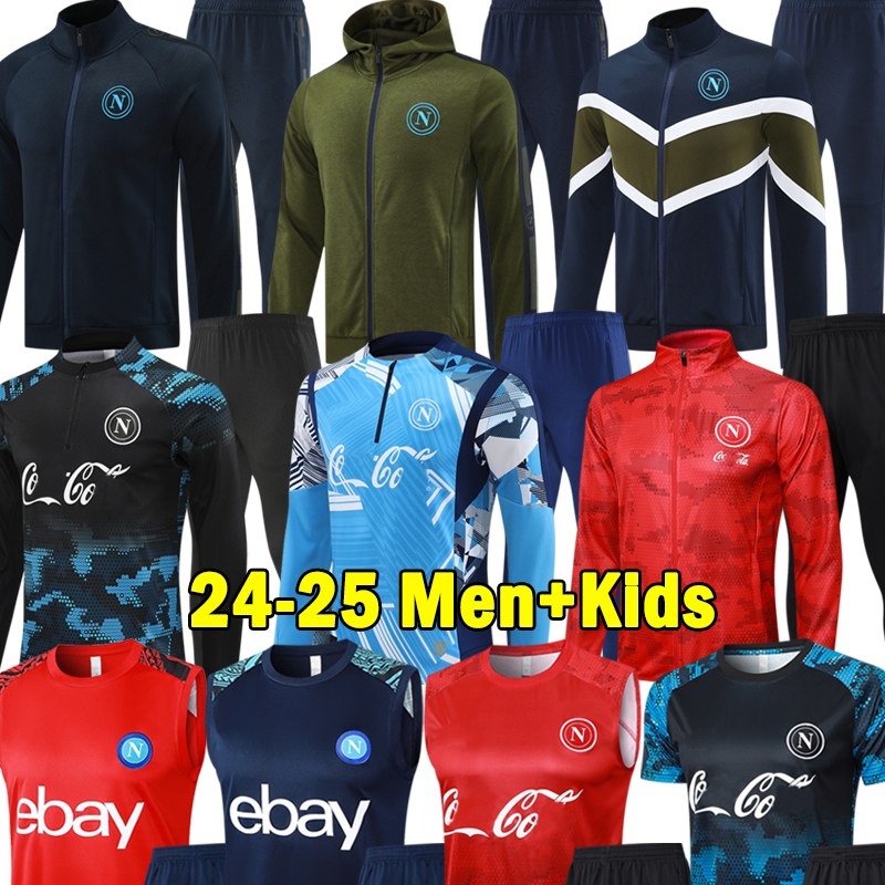 24 25 Napoli Soccer Sets LUKAKU KVARATSKHELIA 2024 2025 With a hat Long sleeve Tracksuits Vest SSC Naples Training Football shirts Men Uniforms Kids Kits Sets