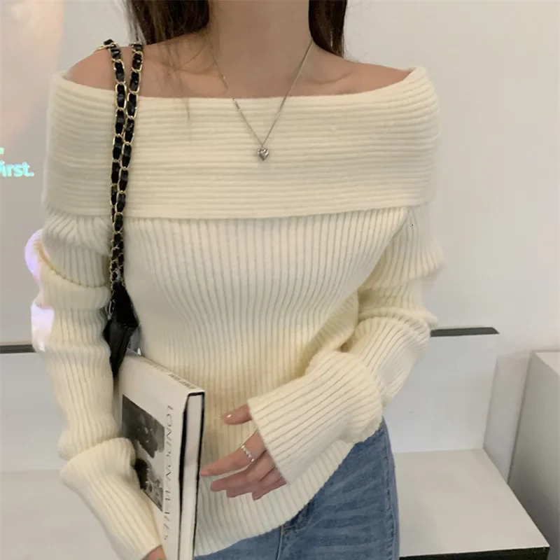 Sexy white elegant shoulder knit sweater bottom layer suitable for womens weight loss worn inside out Chinese landscape Pat 250210