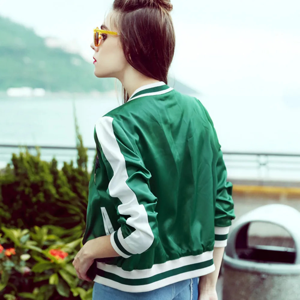 Chic women Bomber Flowers embroidery baseball jacket loose Satin short coat High waist Zipper striped Jacket Outwear Cardigan 250212
