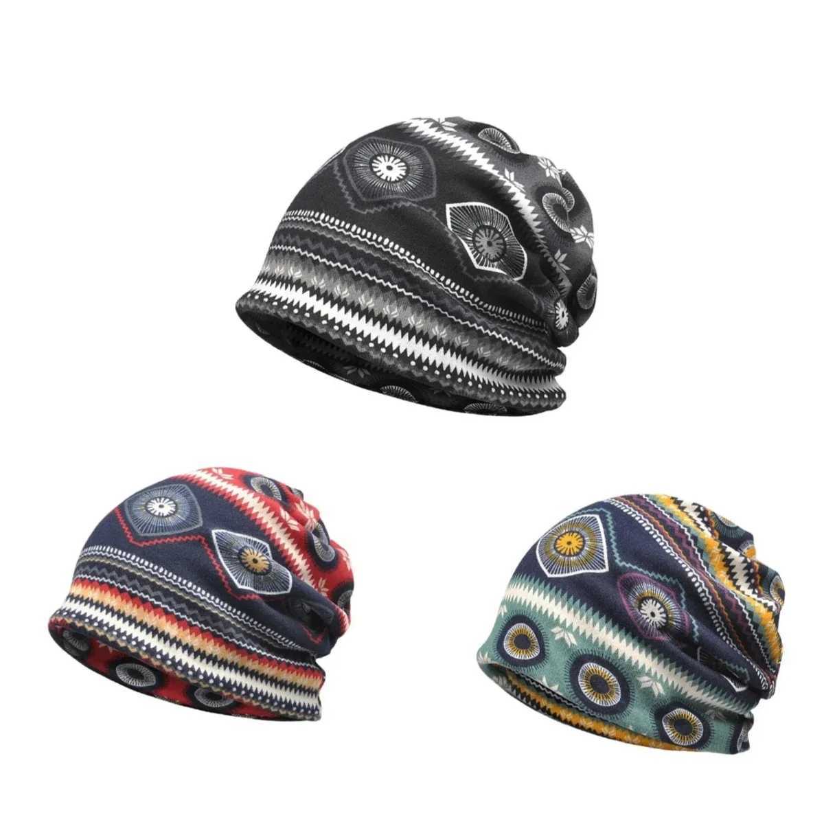 Retro Printed Knitted Sklies Caps Warm Windproof Stretchable Beanies Hats For Men Wen Autumn Winter Sports Skiing Casual Hat X250212