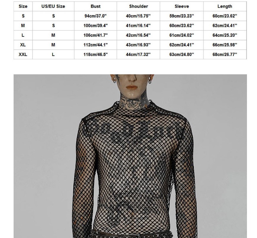 Sexy Gauze T-Shirt: Rough Edges Slim Fit Long Sleeve Black Tops - Mens Summer Tees & Punk Clothes for Men