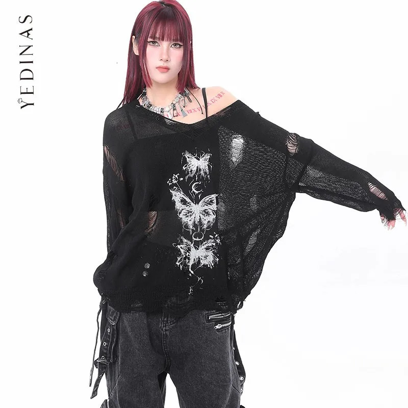 Yedinas Loose Hollow Out Knitted Tops Long Sleeve Autumn Print Womens Sweater Pullovers Lazy Style Knitwear Korean Trend 250210