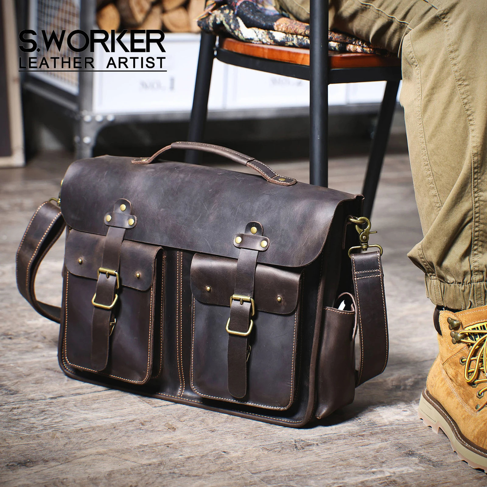 S.WORKER Vintage Genuine Leather Mens Briefcase 16 Laptop Bags Crazy Horse Leather Messenger Handbag Cowhide Idea Gift For Men 250207
