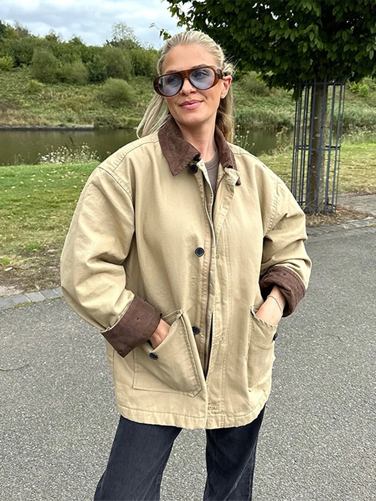 Contrast Lapel Womens Jackets Casual Long Sleeve Zipper Pocket Female Coats 2024 Autumn Winter Fashion Lady Streetwear Outwears 250120