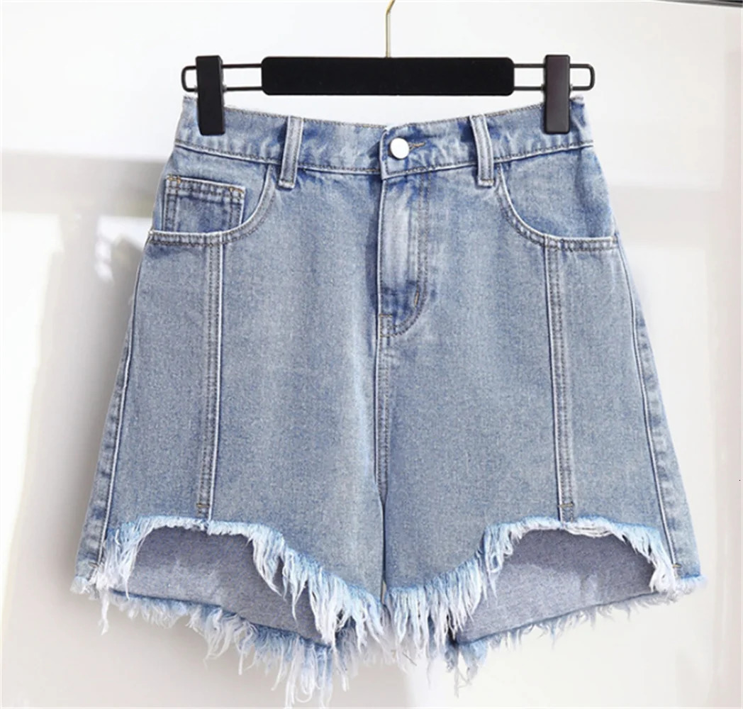Women Plus Size Denim Shorts Modern Frayed Raw Hem Tassels Denim Shorts 3X 4X 5X 6X 250212