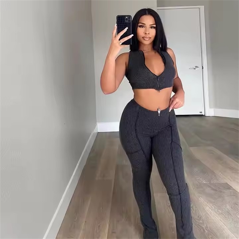 2025 Spring Womens Fashion Sexy Sleeveless Zipper Open Umbilical Top High Waist Tight Two Piece Set Casual Pants Set