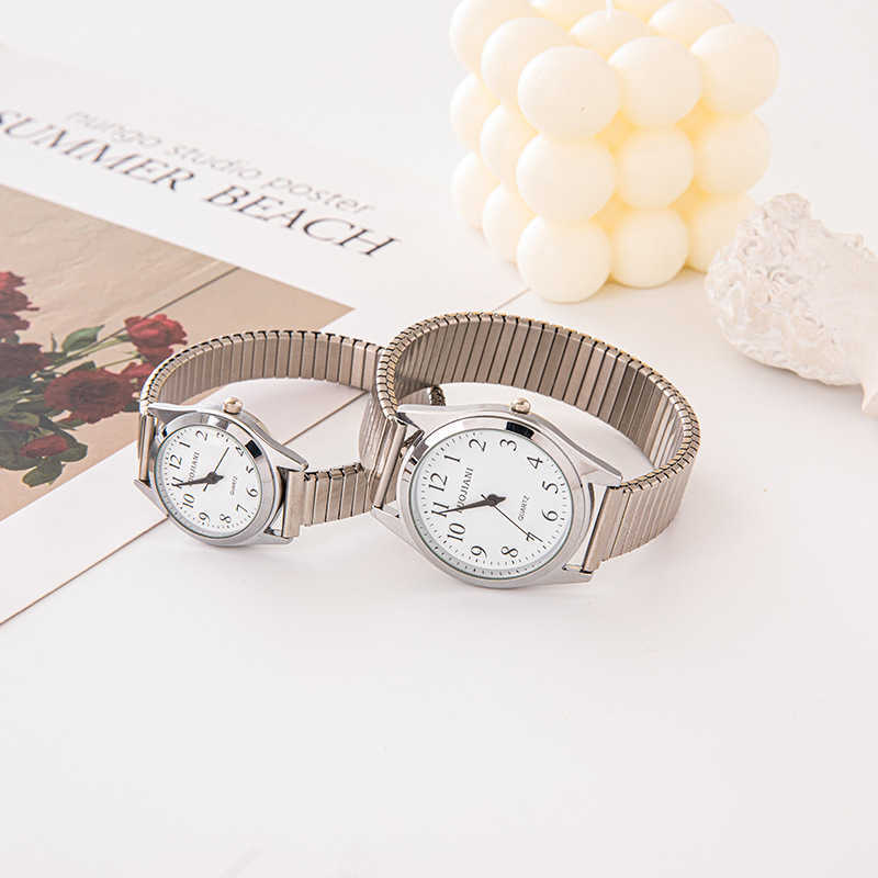 Middle aged and elderly watches mens large digital dial womens watch steel band spring elastic band elderly watch waterproof quartz watch for daily li