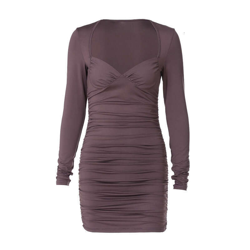 European and American women's spring deep V strapless long sleeved slim pleated fashionable dress manufacturer wholesale 2025 new style temperame