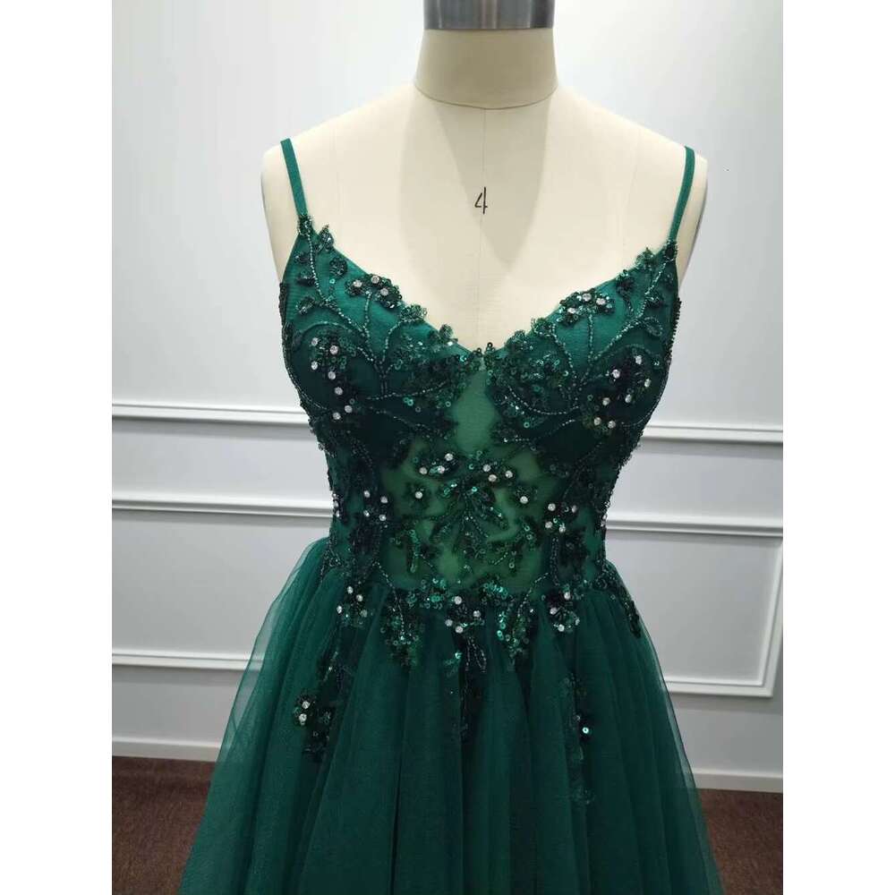 Spaghetti Straps Tulle Beaded Homecoming Dresses Lace Sequin Dark Green Crystal Party Prom tail Graduation Vestido De Gala