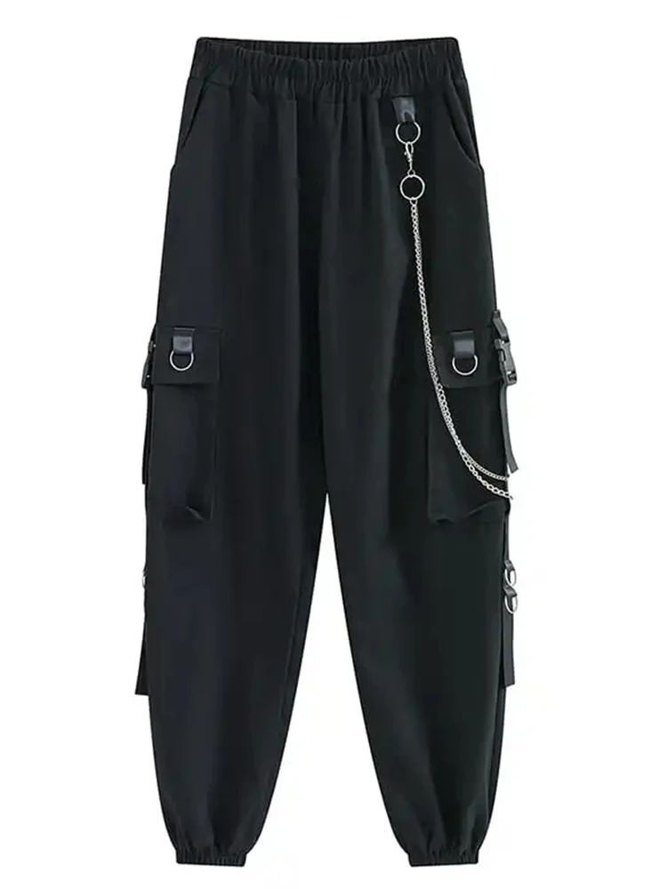 ZOKI Gothic Womens Cargo Pants Black Jogger High Waist Harajuku Harem Punk Techwear Chain Trouser Hip Hop 250211Z