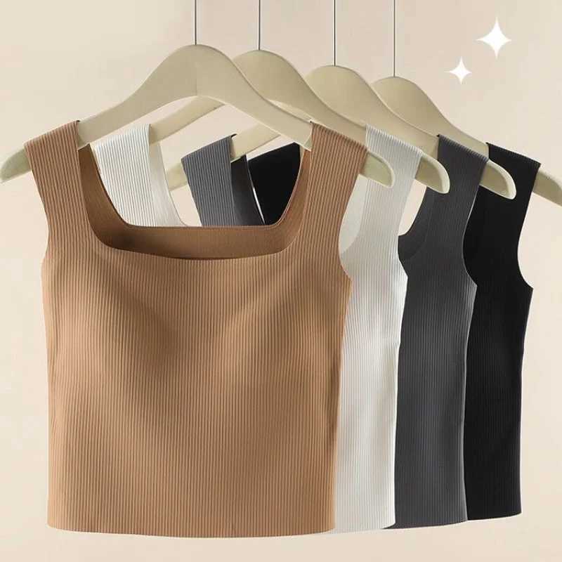 Nude Wide Shoulder Camisole Square Neck Beautiful Back Threaded Vest Womens Seamless One-piece Fixed Cup Casual Solid TopsXJ250212