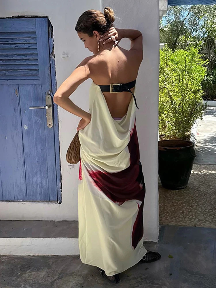 JULISSA MO Sexy Strapless Print Floral Belt Women Maxi Dress Yellow Backless Vacation Dress Autumn Loose Elegant Party Beachwear 250211