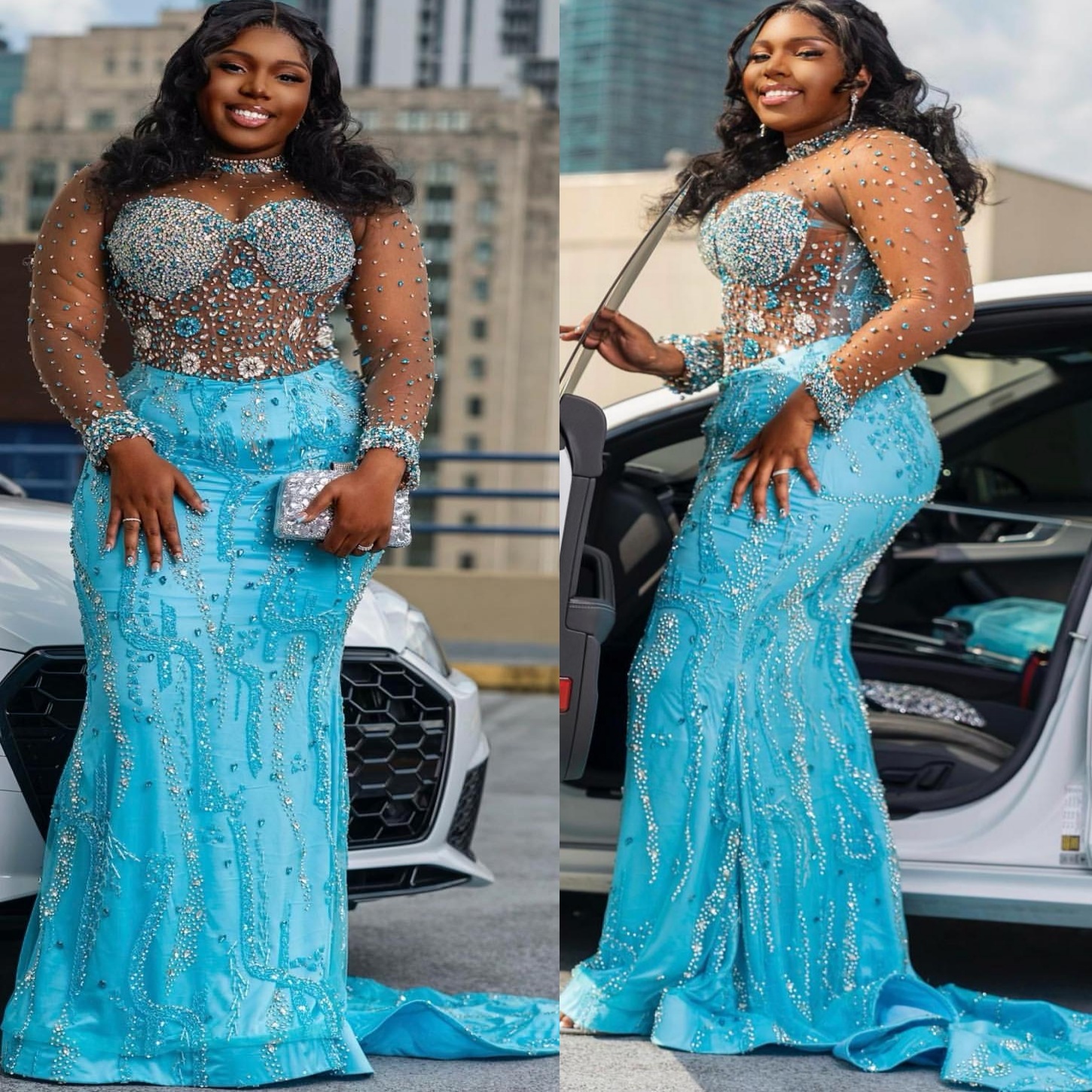 Aso Ebi 2025 Sky Blue Mermaid Prom Dresses Crystals Beaded Sequined Lace Luxurious Evening Formal Party Second Reception Birthday Gowns Dress For Spec