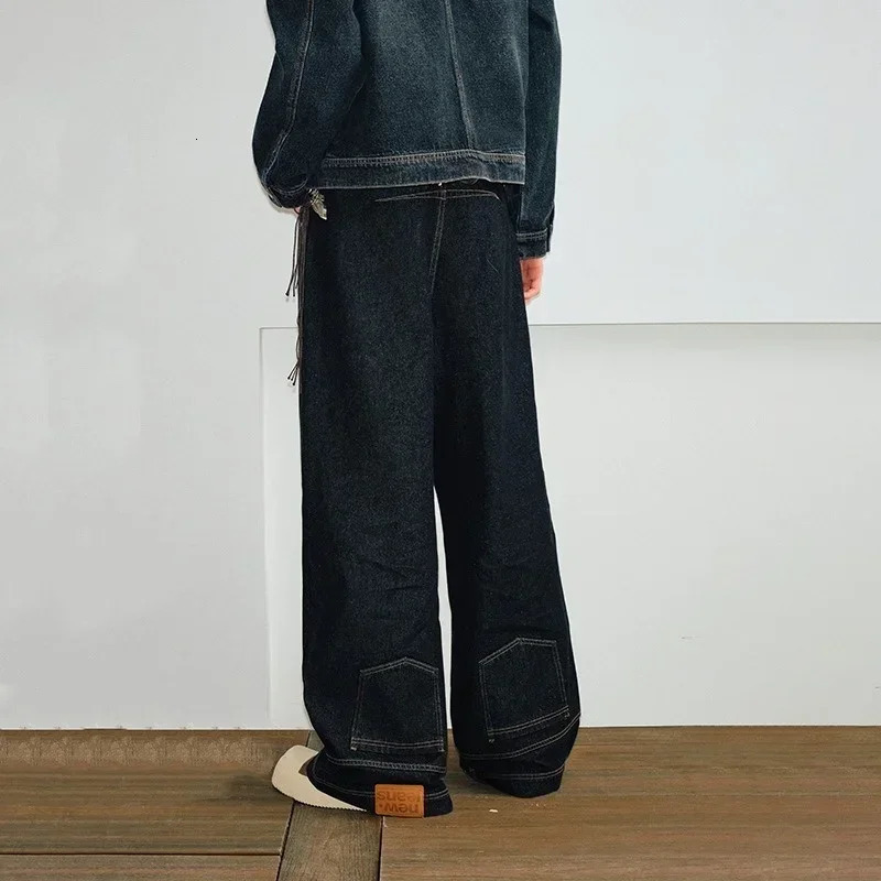 Autumn Mens High Street Fashion Baggy Jeans Reverse Pocket n Straight Wide Leg Denim Trousers Solid Color Y2K Vintage Jean 250210