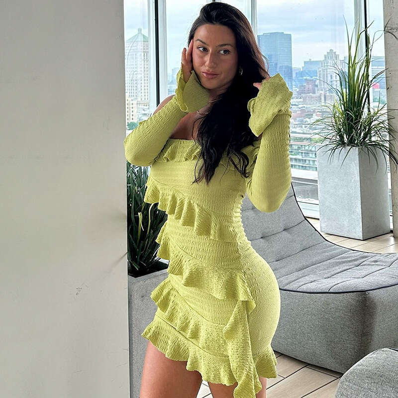 Europe and America hot selg autumn product fashion shoulder lotus leaf edge trumpet sleeve ribbon dress wholesale 2025 temperament versatile new trend