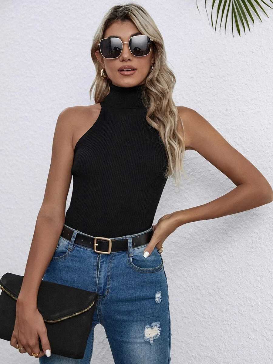 On Sale New Women Turtleneck Sveless Ribbed Knit Top Wear Clothes Femme High Stretch Y2k Cropped Tank Vest T-shirtsXJ250212