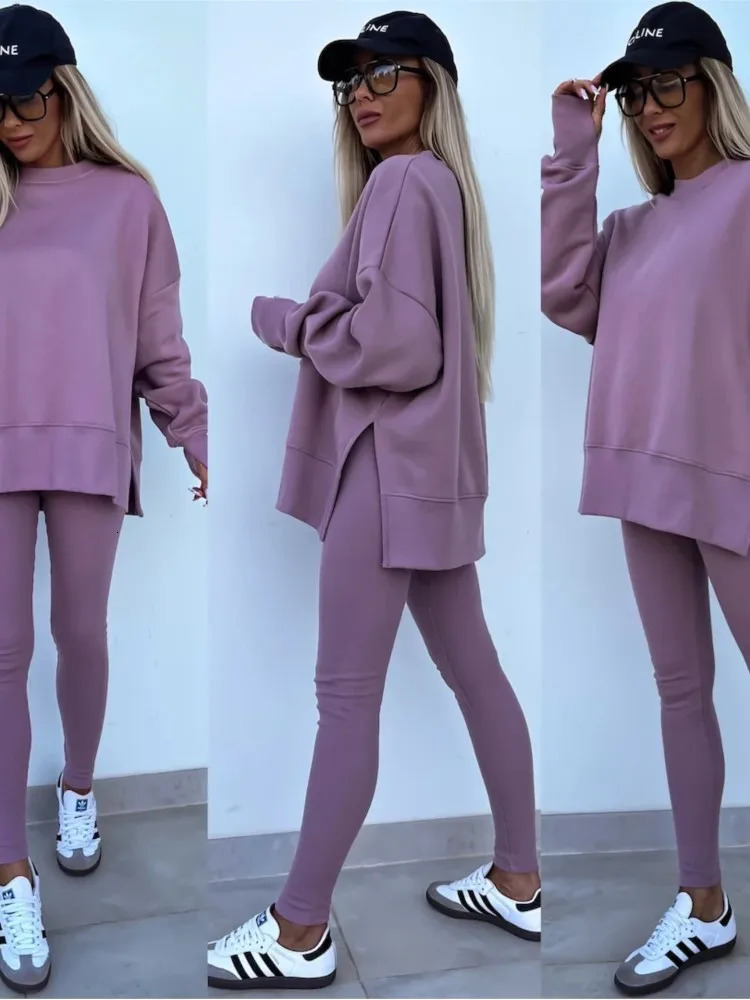 2024 Spring Autumn Womens Tight Pants Loose Slit Hoodie Set Casual Comfortable Twopiece 250211Z