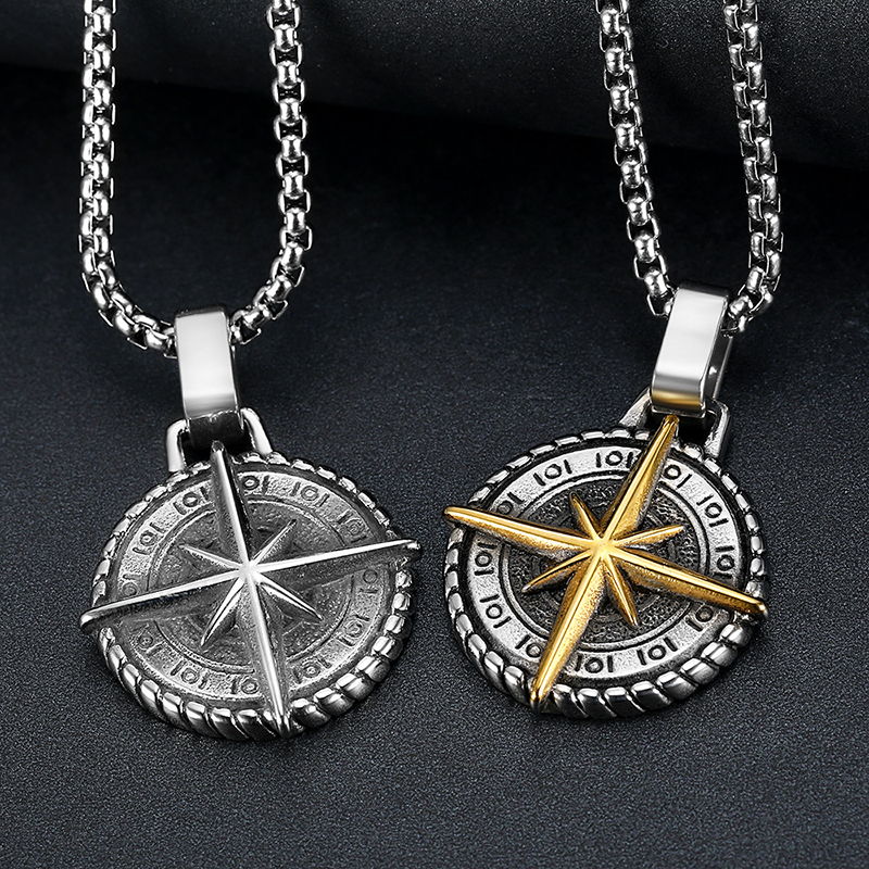 Hip Hop Vintage Stainless Steel Compass Pendant Necklace 18K Gold Plated Men Jewelry