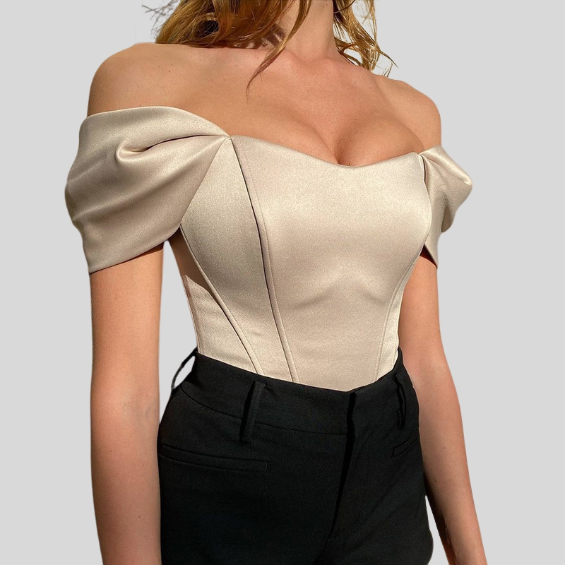 New arrival European and American women's clothing summer fishbone waist tube top satin one-word shoulder top women