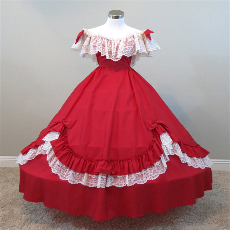Victorian Gothic Red Prom Dress 1930s Off Shoulder Lace Civil War Evening Dress Costume Lolita Formal Birthday Dress Elegant Vestio De Gala 1860 Costu