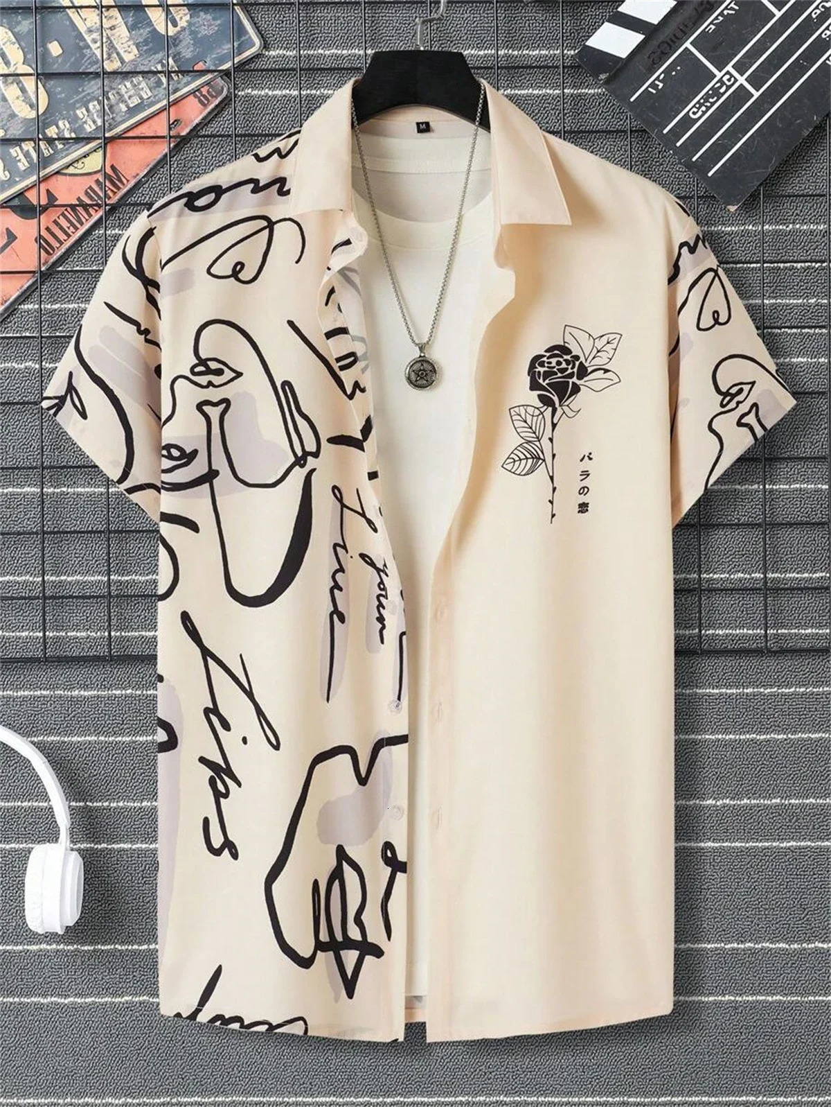Summer Fashion Mens Shirt Abstract Pattern Print Hawaiian Casual Beach Lapel Mens Short Sleeve Top 250211