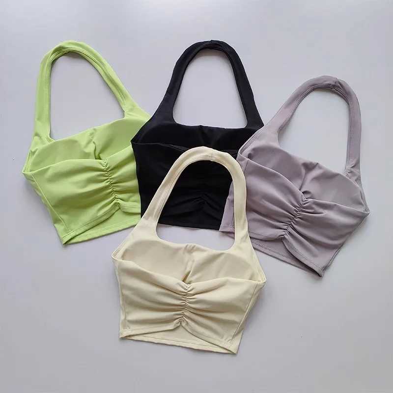 Summer New Sexy Hanging Neck with Chest Pads Beautiful Back Sports Bra Womens Light Luxury Fashion Unique Pleated Sports BraXJ250212