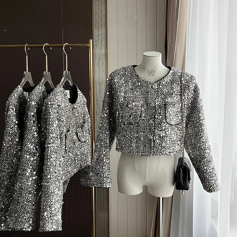 French Sequins Small Fragrant Tweed Coat For Women Fall Winter Korean Fashion Casual Jackets Elegant Outerwear Chaquetas 250210