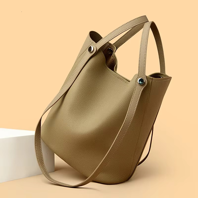 Genuine Leather Large Capacity Women Tote Bags Ladies Solid Color Cowhide Shoulder Crossbody Bucket Bag Female Sac A Main