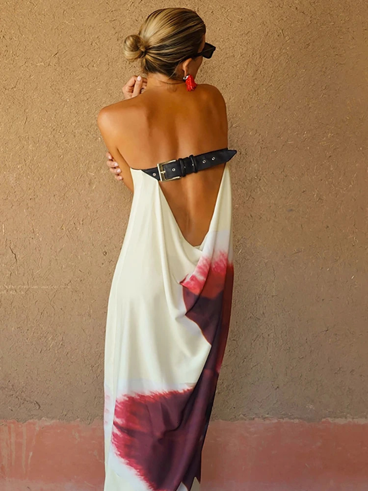 JULISSA MO Sexy Strapless Print Floral Belt Women Maxi Dress Yellow Backless Vacation Dress Autumn Loose Elegant Party Beachwear 250211