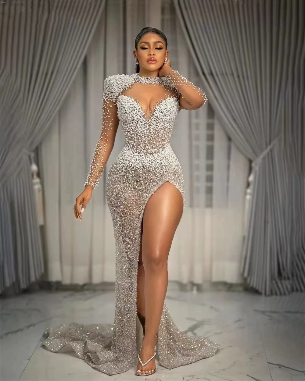 Wedding Dresses Pearls Mermaid Bridal Gowns Sequins High Neck Long Sleeves Customized High Split Princess Sweep Train Bride Dress Vestidos De Novia