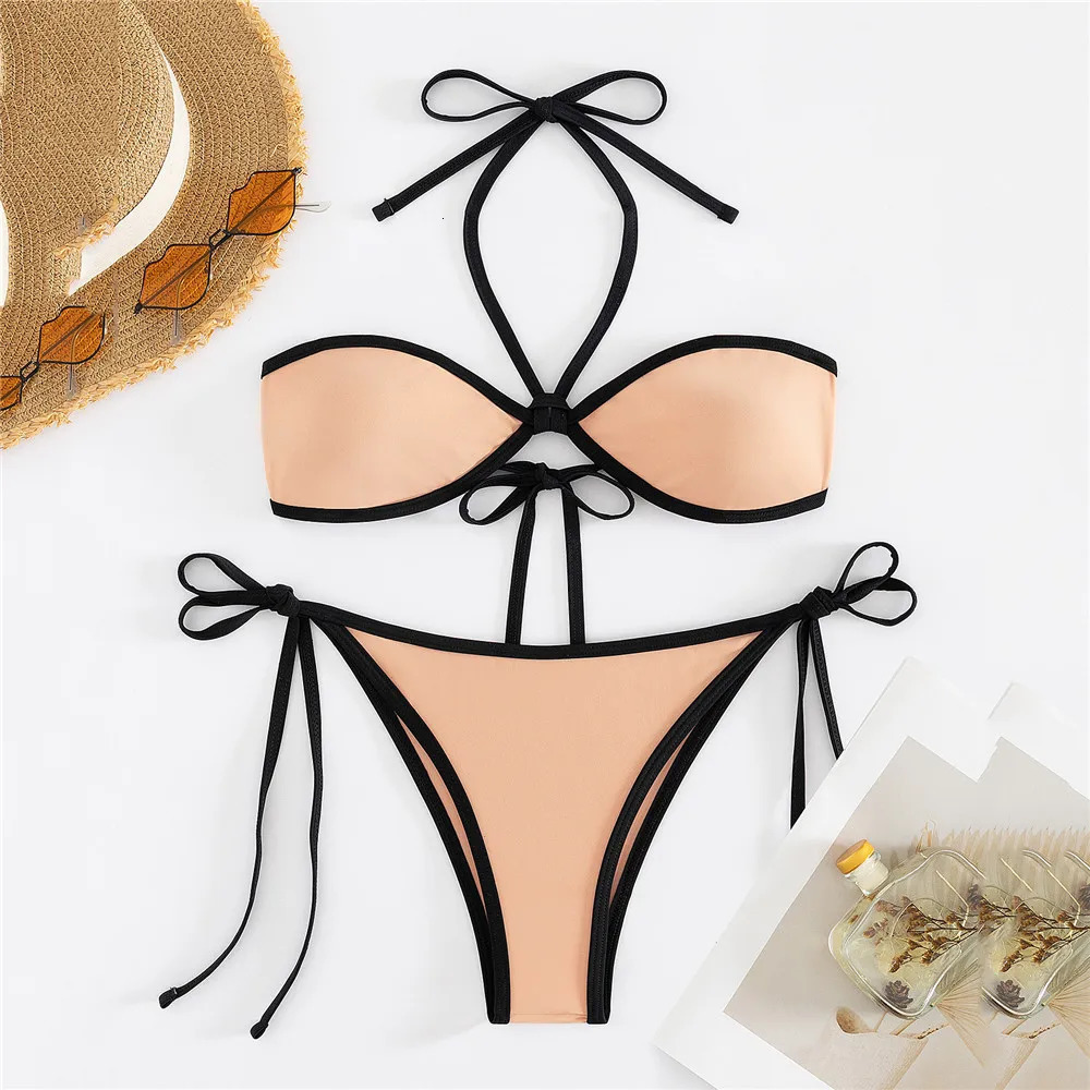 Black Halter String Micro Thong Bikini Contrast Edge Swimwear Sexy Swimsuit Women 2025 Bathing Swimming Suit Bikinis Sets Mujer 250210