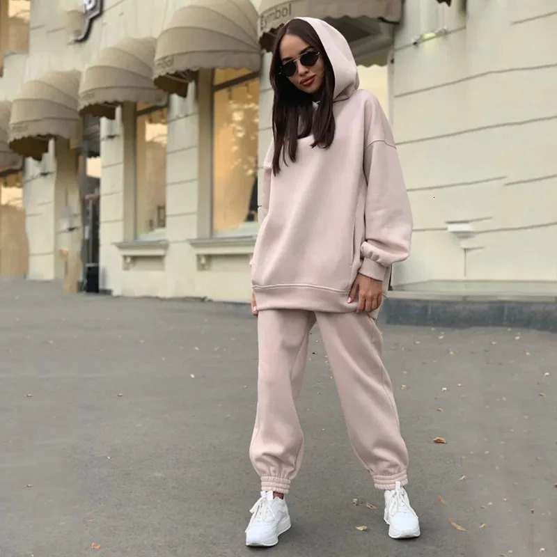 Selling European and American Autumn Winter Fashion Solid Color Hooded Hoodie Casual Two Piece Set 250211Z