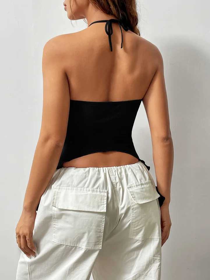 Ruched Front Crop Halter Top Y2K Sexy Split Backless Halter Top For Summer Womens ClothingXJ250212