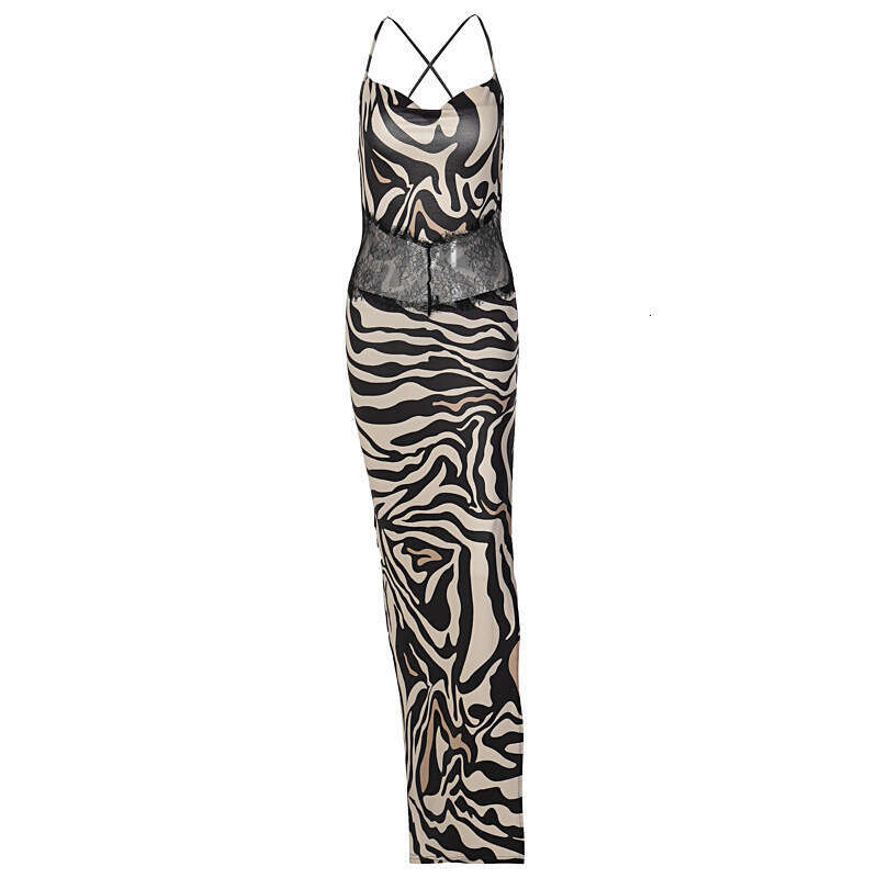 European and American style women's summer print splicing backless suspender slit dress wholesale 2025 new casual versatile fashion clothing