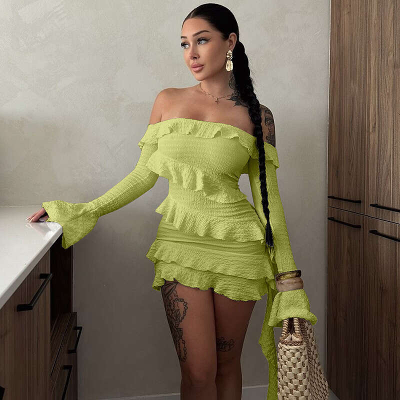 Europe and America hot selg autumn product fashion shoulder lotus leaf edge trumpet sleeve ribbon dress wholesale 2025 temperament versatile new trend
