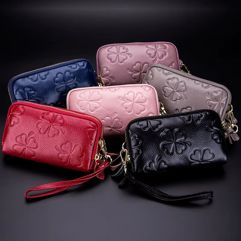 Real Leather Women Long Wallet Ladies Double Zipper Coin Purse Four-Leaf Clover Card Holder Female Cute Money Bag Clutch swissmilitary