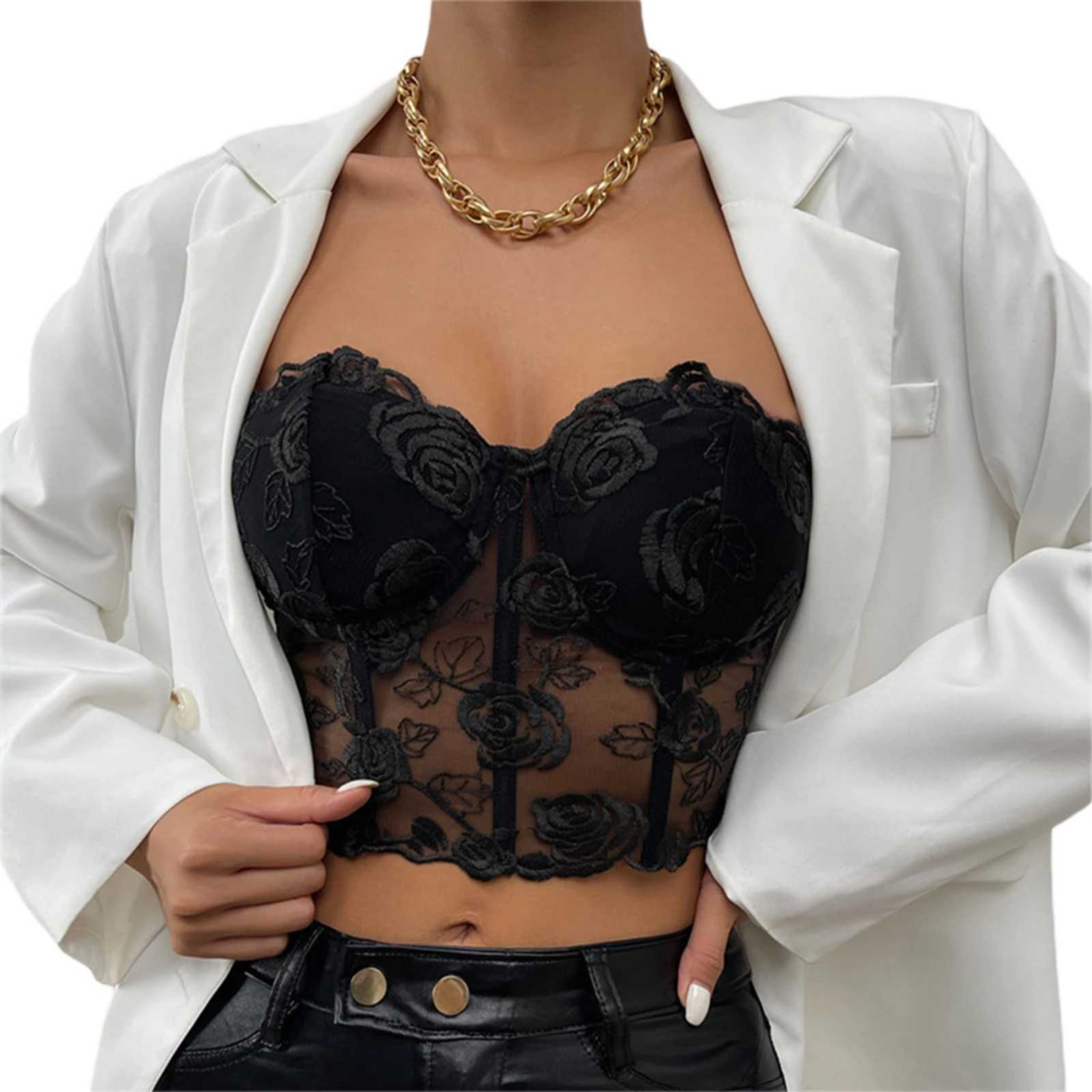 Newest Arrival Women Bustier Tube Tops Embroidery Flower See Through Off Shoulder Tank Tops for Daily Club PartyXJ250212