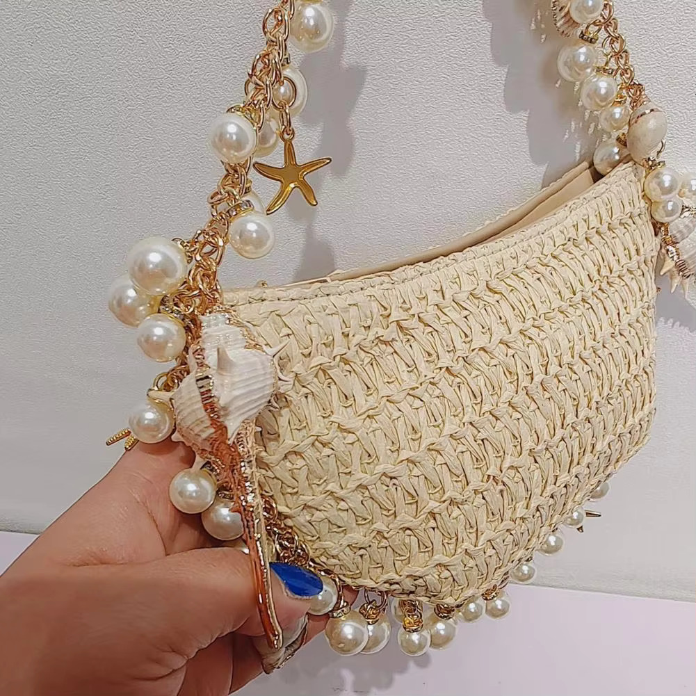 Small Purse Summer Straw Beach Elegant Faux Pearl Shell Fishstar Decor Handbag With Chain Straps Women's Shoulder Bag