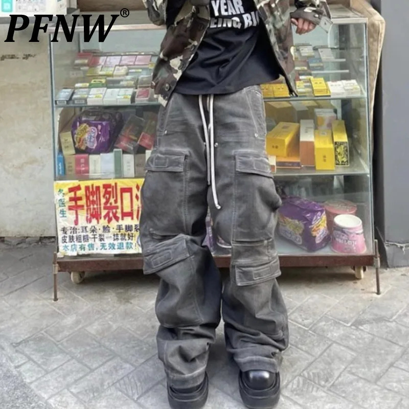 PFNW High Street Drawstring Zipper Sliced Wide Leg Cargo Pants Msns Casual Loose Straight Trousers Loose Denim Pants 28W5963 250211