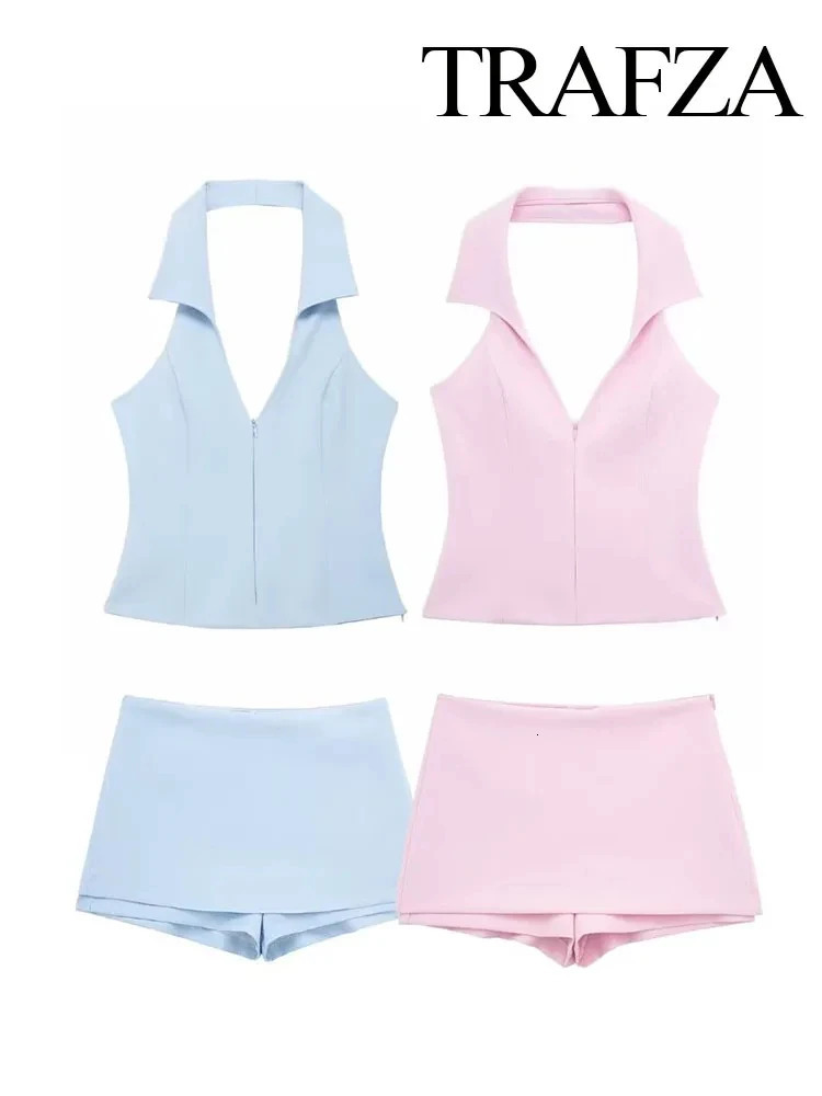 TRAFZA Women Elegant 2 Piece Set Sexy V-Neck Sleeveless Backless Suspender Zipper Top High Waist Back Pocket Mini Skirts Shorts 250211