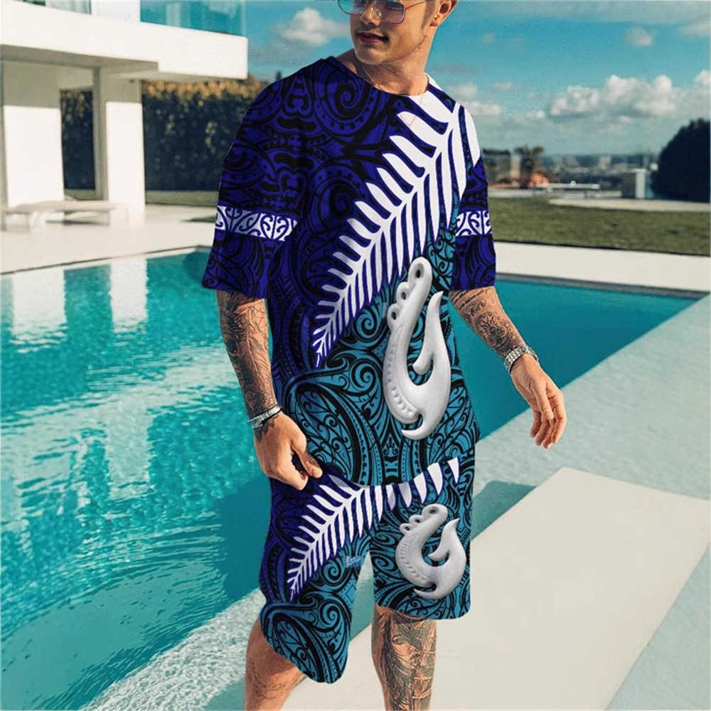 Mens Summer T-shirt Set 3D Printed Plant Tree Pattern Round Neck Beach Shorts Fashionable Men W250212